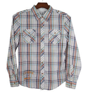 Guess Button Up Shirt Large (16/18) Youth Plaid with front pockets & Epaulets
